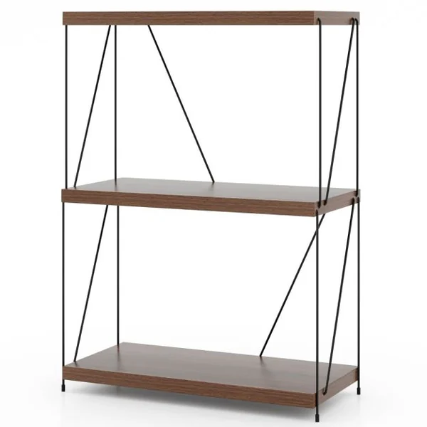 Etagère à 3 Niveaux Bibliothèque Autoportante avec Cadre en Métal Étagère de Rangement de Style Industriel Finition Grain de Bois Noyer