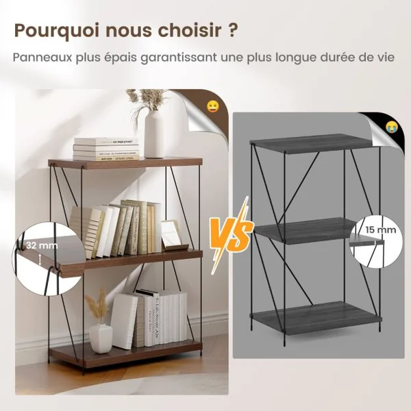 Etagère à 3 Niveaux Bibliothèque Autoportante avec Cadre en Métal Étagère de Rangement de Style Industriel Finition Grain de Bois Noyer