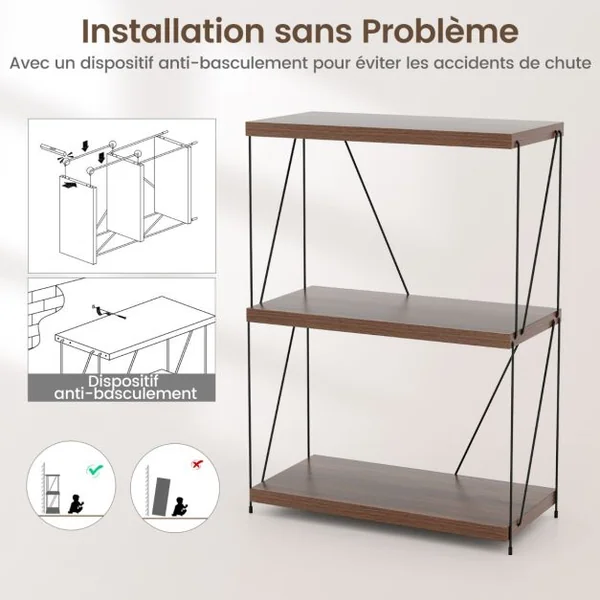 Etagère à 3 Niveaux Bibliothèque Autoportante avec Cadre en Métal Étagère de Rangement de Style Industriel Finition Grain de Bois Noyer