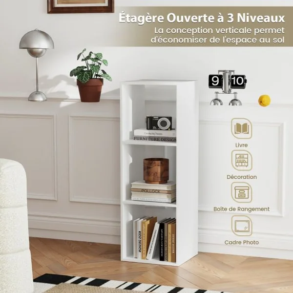 Etagère à 3 Niveaux Etagères de Rangement Ouvertes à l'Arrière avec 2 Unités de Rangement à 3 Cases 2 Etagères Autoportantes Blanc