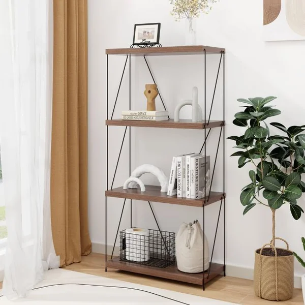 Etagère à 4 Niveaux Bibliothèque Autoportante avec Cadre en Métal Étagère de Rangement de Style Industriel Finition Grain de Bois Noyer