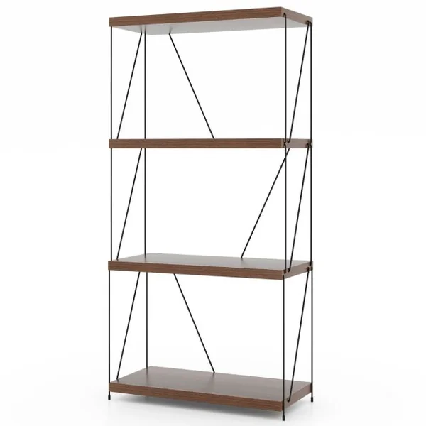 Etagère à 4 Niveaux Bibliothèque Autoportante avec Cadre en Métal Étagère de Rangement de Style Industriel Finition Grain de Bois Noyer