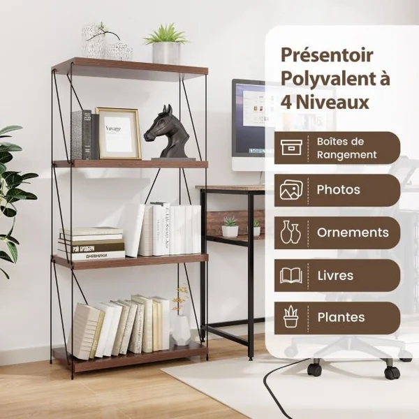 Etagère à 4 Niveaux Bibliothèque Autoportante avec Cadre en Métal Étagère de Rangement de Style Industriel Finition Grain de Bois Noyer