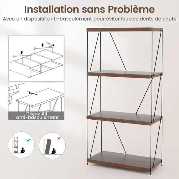 Etagère à 4 Niveaux Bibliothèque Autoportante avec Cadre en Métal Étagère de Rangement de Style Industriel Finition Grain de Bois Noyer