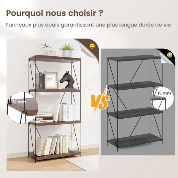 Etagère à 4 Niveaux Bibliothèque Autoportante avec Cadre en Métal Étagère de Rangement de Style Industriel Finition Grain de Bois Noyer