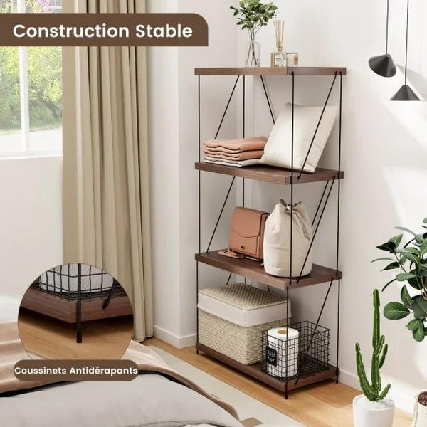 Etagère à 4 Niveaux Bibliothèque Autoportante avec Cadre en Métal Étagère de Rangement de Style Industriel Finition Grain de Bois Noyer