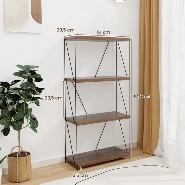 Etagère à 4 Niveaux Bibliothèque Autoportante avec Cadre en Métal Étagère de Rangement de Style Industriel Finition Grain de Bois Noyer