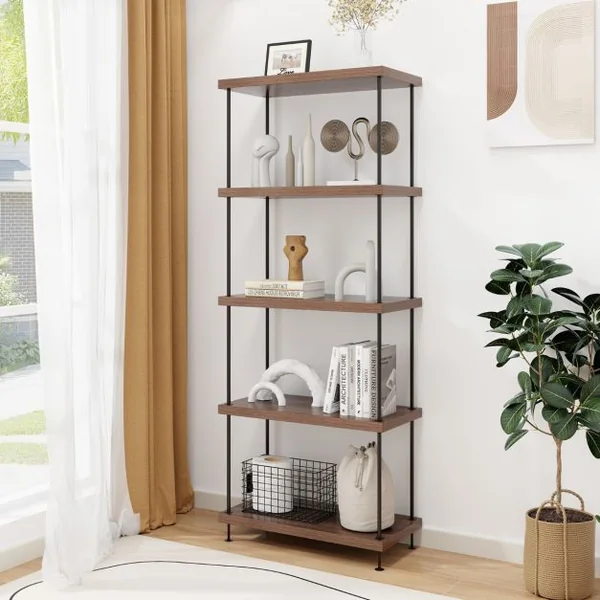 Etagère à 5 Niveaux Bibliothèque Autoportante avec Cadre en Métal Étagère de Rangement de Style Industriel Finition Grain de Bois Noyer