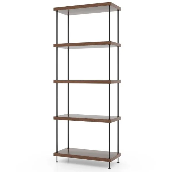 Etagère à 5 Niveaux Bibliothèque Autoportante avec Cadre en Métal Étagère de Rangement de Style Industriel Finition Grain de Bois Noyer
