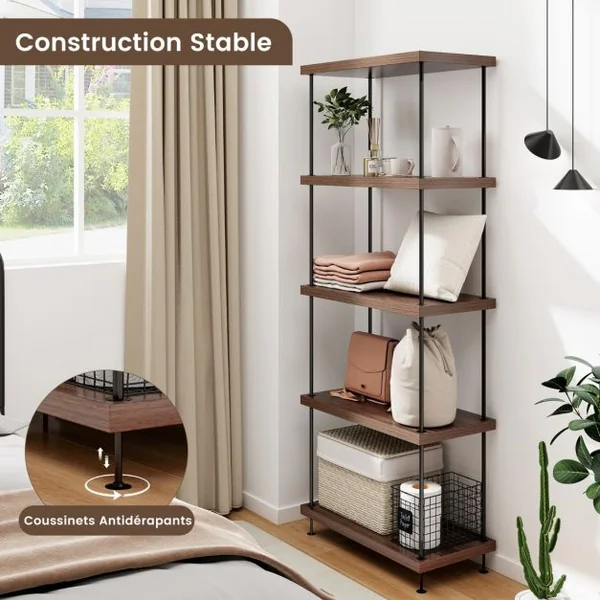 Etagère à 5 Niveaux Bibliothèque Autoportante avec Cadre en Métal Étagère de Rangement de Style Industriel Finition Grain de Bois Noyer