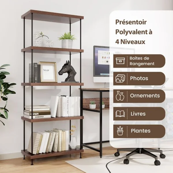 Etagère à 5 Niveaux Bibliothèque Autoportante avec Cadre en Métal Étagère de Rangement de Style Industriel Finition Grain de Bois Noyer