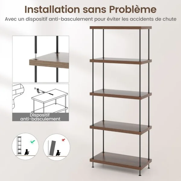 Etagère à 5 Niveaux Bibliothèque Autoportante avec Cadre en Métal Étagère de Rangement de Style Industriel Finition Grain de Bois Noyer