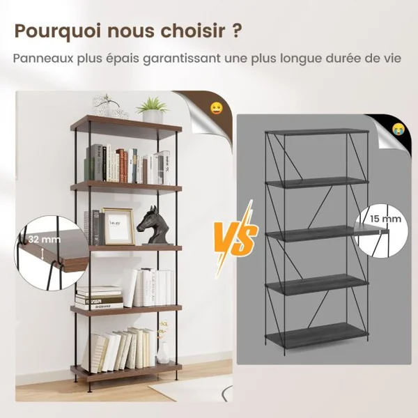 Etagère à 5 Niveaux Bibliothèque Autoportante avec Cadre en Métal Étagère de Rangement de Style Industriel Finition Grain de Bois Noyer