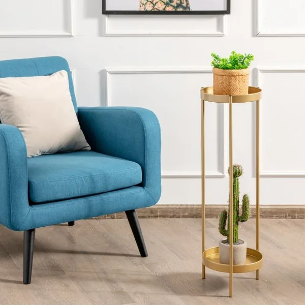 Etagère à Fleurs Colonne à Plantes en Acier Porte Pots pour Intérieur et Extérieur Charge max:15 KG 25-D x 80 CM Or