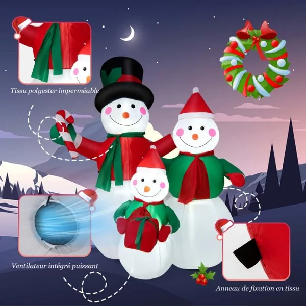 Famille de Bonhommes de Neige Gonflable de 200 cm avec Lumières LED Piquets et Sacs de Sable