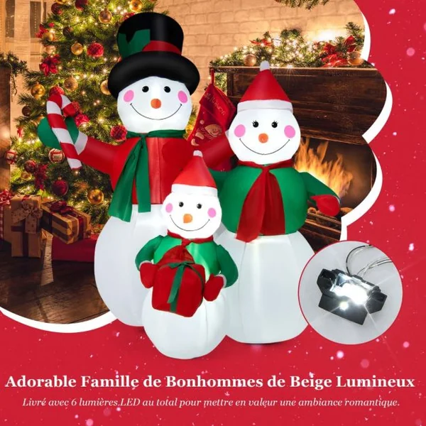 Famille de Bonhommes de Neige Gonflable de 200 cm avec Lumières LED Piquets et Sacs de Sable