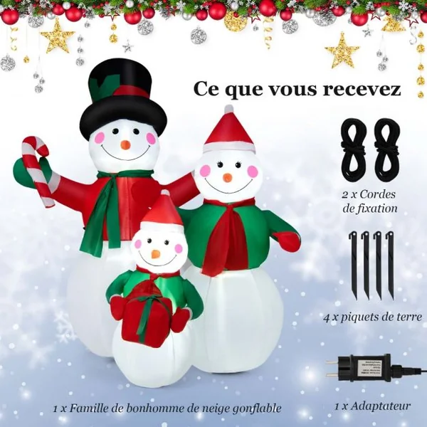 Famille de Bonhommes de Neige Gonflable de 200 cm avec Lumières LED Piquets et Sacs de Sable
