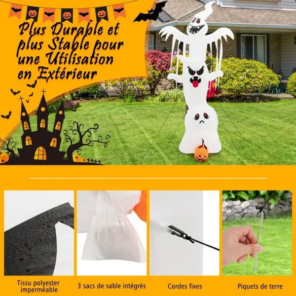 Fantôme Gonflable de 310 cm pour Halloween avec Lumières Rouges Vertes Bleues Colorées Piquets et Sacs de Sable