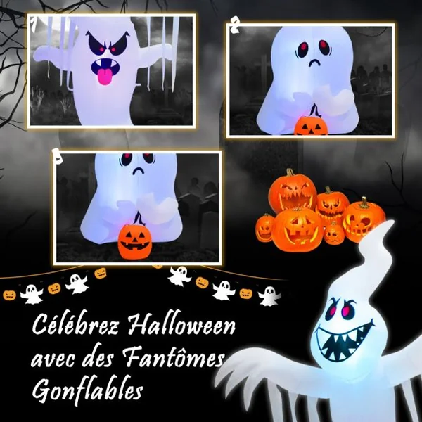 Fantôme Gonflable de 310 cm pour Halloween avec Lumières Rouges Vertes Bleues Colorées Piquets et Sacs de Sable