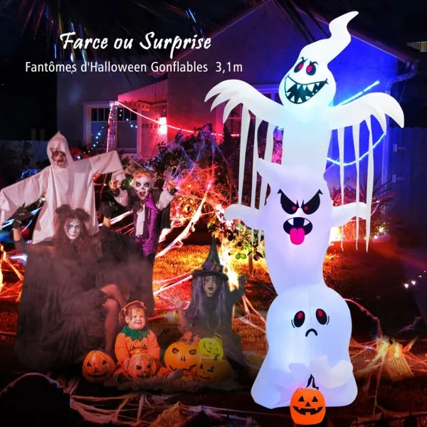 Fantôme Gonflable de 310 cm pour Halloween avec Lumières Rouges Vertes Bleues Colorées Piquets et Sacs de Sable