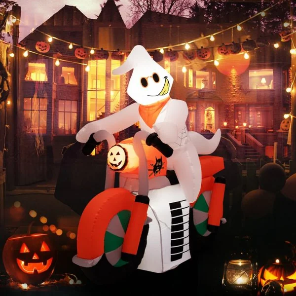 Fantôme Gonflable d'Halloween 155 cm Fantôme à Moto avec Lumières LED Gonfleur Étanche&Sacs de Sable pour Intérieur/Extérieur