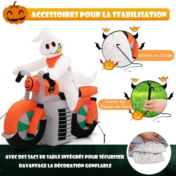 Fantôme Gonflable d'Halloween 155 cm Fantôme à Moto avec Lumières LED Gonfleur Étanche&Sacs de Sable pour Intérieur/Extérieur