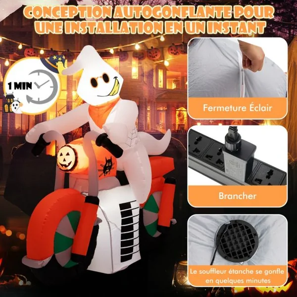 Fantôme Gonflable d'Halloween 155 cm Fantôme à Moto avec Lumières LED Gonfleur Étanche&Sacs de Sable pour Intérieur/Extérieur