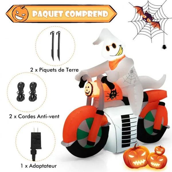 Fantôme Gonflable d'Halloween 155 cm Fantôme à Moto avec Lumières LED Gonfleur Étanche&Sacs de Sable pour Intérieur/Extérieur