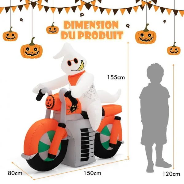 Fantôme Gonflable d'Halloween 155 cm Fantôme à Moto avec Lumières LED Gonfleur Étanche&Sacs de Sable pour Intérieur/Extérieur