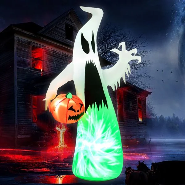 Fantôme Gonflable d'Halloween 172cm Décoration de Vacance avec Citrouille Lumière LED Intégrée pour Arrière-Cours Jardin Pelouse