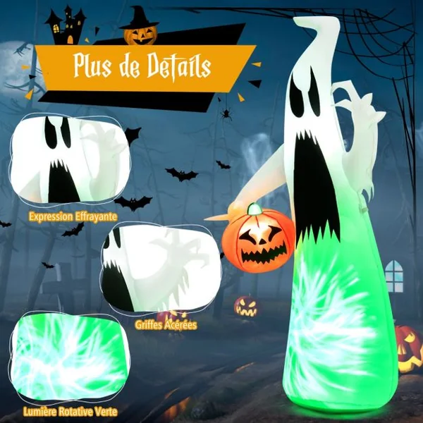 Fantôme Gonflable d'Halloween 172cm Décoration de Vacance avec Citrouille Lumière LED Intégrée pour Arrière-Cours Jardin Pelouse