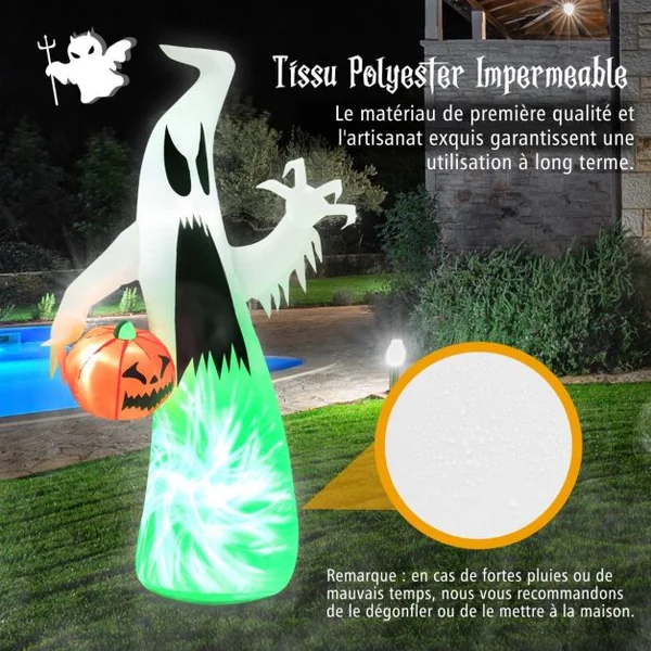 Fantôme Gonflable d'Halloween 172cm Décoration de Vacance avec Citrouille Lumière LED Intégrée pour Arrière-Cours Jardin Pelouse