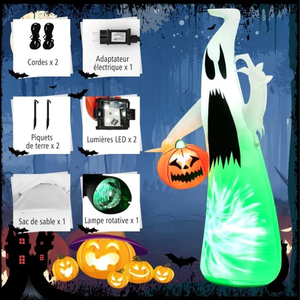 Fantôme Gonflable d'Halloween 172cm Décoration de Vacance avec Citrouille Lumière LED Intégrée pour Arrière-Cours Jardin Pelouse