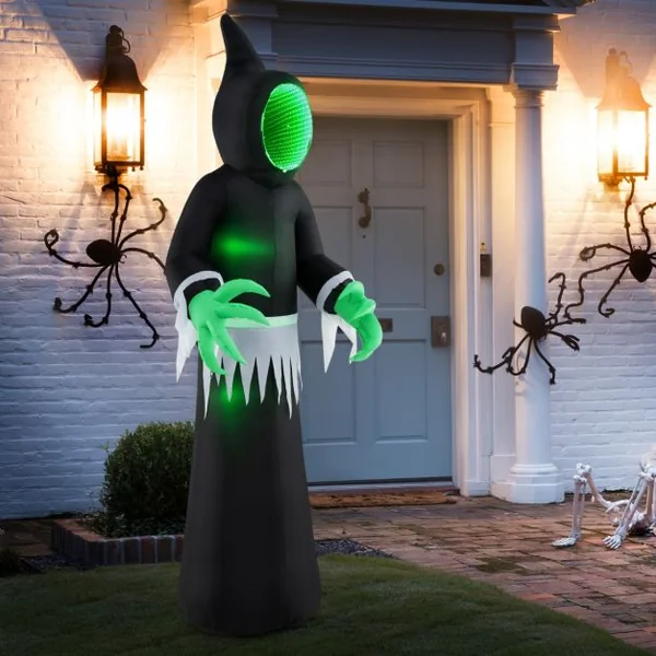 Fantôme Gonflable Géant d'Halloween de 245 cm Décoration de Fantôme Gonflable avec Lumières LED Intégrées et Miroir Noir + Vert