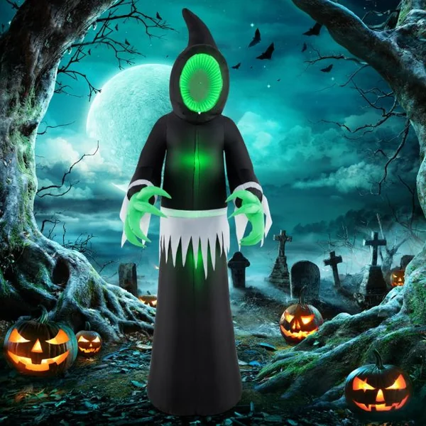 Fantôme Gonflable Géant d'Halloween de 245 cm Décoration de Fantôme Gonflable avec Lumières LED Intégrées et Miroir Noir + Vert