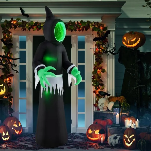 Fantôme Gonflable Géant d'Halloween de 245 cm Décoration de Fantôme Gonflable avec Lumières LED Intégrées et Miroir Noir + Vert