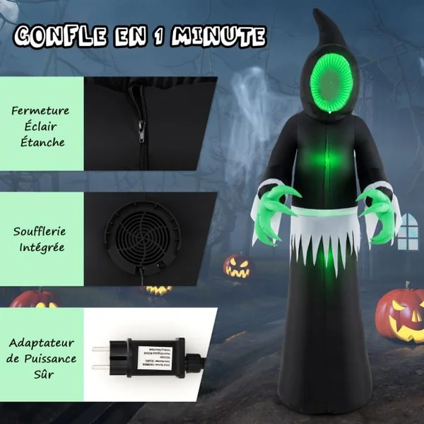 Fantôme Gonflable Géant d'Halloween de 245 cm Décoration de Fantôme Gonflable avec Lumières LED Intégrées et Miroir Noir + Vert