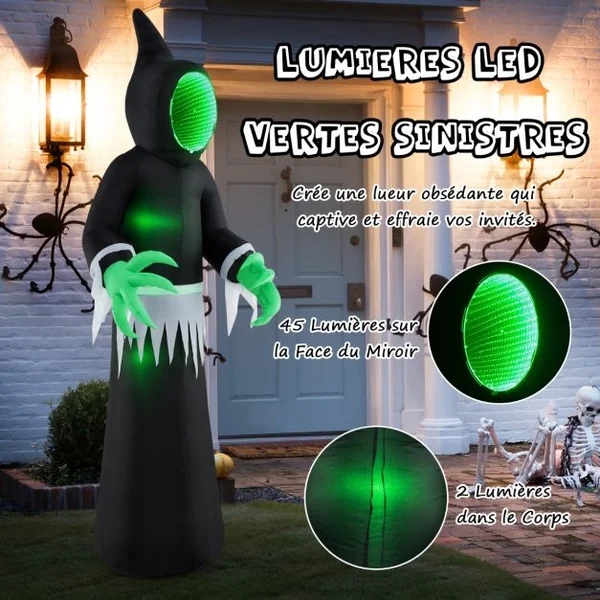Fantôme Gonflable Géant d'Halloween de 245 cm Décoration de Fantôme Gonflable avec Lumières LED Intégrées et Miroir Noir + Vert