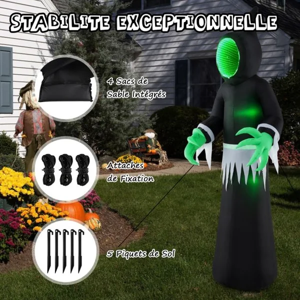 Fantôme Gonflable Géant d'Halloween de 245 cm Décoration de Fantôme Gonflable avec Lumières LED Intégrées et Miroir Noir + Vert