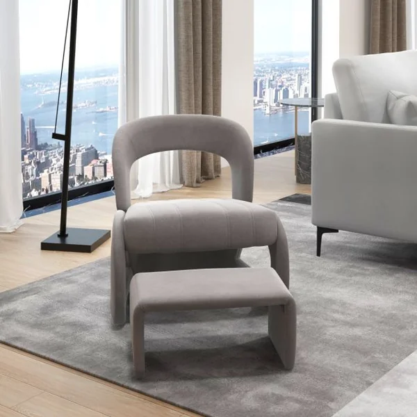 Fauteuil avec Pouf Ensemble de Fauteuil en Velours Rembourré et Pouf avec Dossier Courbé Ouvert et Siège Rembourré en Éponge Gris