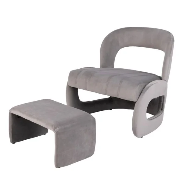 Fauteuil avec Pouf Ensemble de Fauteuil en Velours Rembourré et Pouf avec Dossier Courbé Ouvert et Siège Rembourré en Éponge Gris
