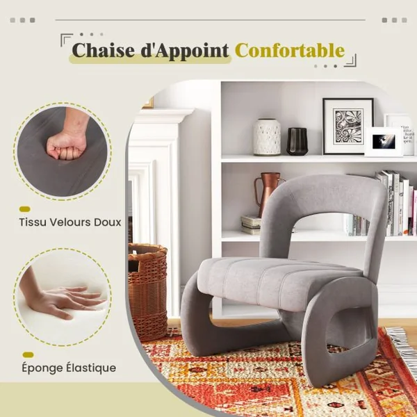 Fauteuil avec Pouf Ensemble de Fauteuil en Velours Rembourré et Pouf avec Dossier Courbé Ouvert et Siège Rembourré en Éponge Gris