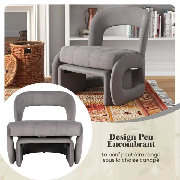 Fauteuil avec Pouf Ensemble de Fauteuil en Velours Rembourré et Pouf avec Dossier Courbé Ouvert et Siège Rembourré en Éponge Gris