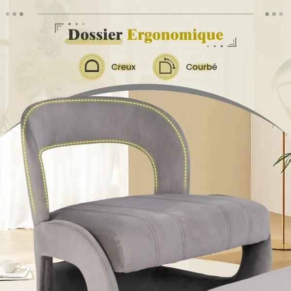 Fauteuil avec Pouf Ensemble de Fauteuil en Velours Rembourré et Pouf avec Dossier Courbé Ouvert et Siège Rembourré en Éponge Gris