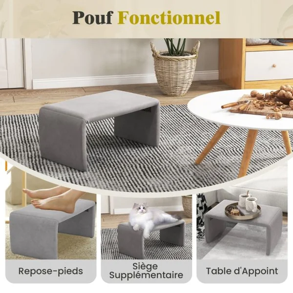 Fauteuil avec Pouf Ensemble de Fauteuil en Velours Rembourré et Pouf avec Dossier Courbé Ouvert et Siège Rembourré en Éponge Gris