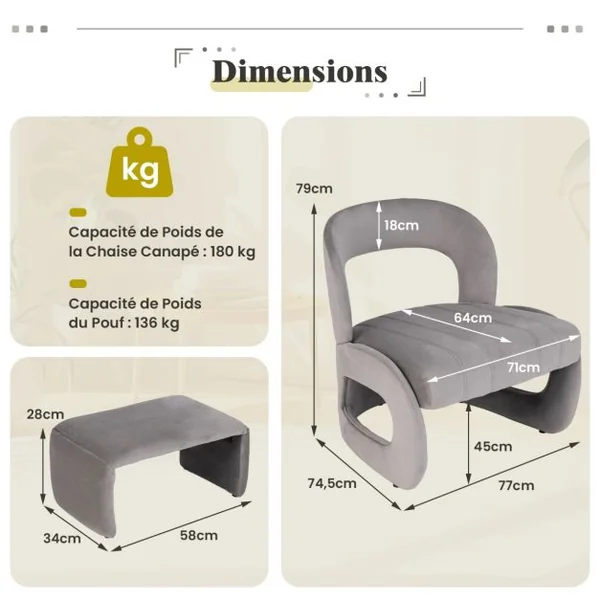 Fauteuil avec Pouf Ensemble de Fauteuil en Velours Rembourré et Pouf avec Dossier Courbé Ouvert et Siège Rembourré en Éponge Gris