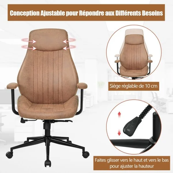 Fauteuil Bureau Tissu Suédé Hauteur Réglable 119-129 CM Dossier Inclinable 150° Accoudoirs Amovibles Marron