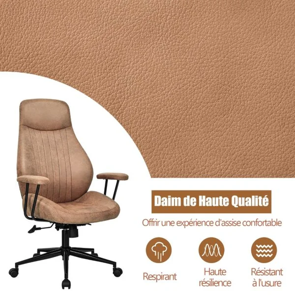Fauteuil Bureau Tissu Suédé Hauteur Réglable 119-129 CM Dossier Inclinable 150° Accoudoirs Amovibles Marron