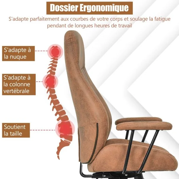 Fauteuil Bureau Tissu Suédé Hauteur Réglable 119-129 CM Dossier Inclinable 150° Accoudoirs Amovibles Marron