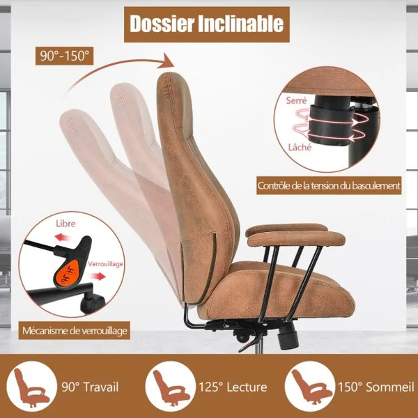 Fauteuil Bureau Tissu Suédé Hauteur Réglable 119-129 CM Dossier Inclinable 150° Accoudoirs Amovibles Marron